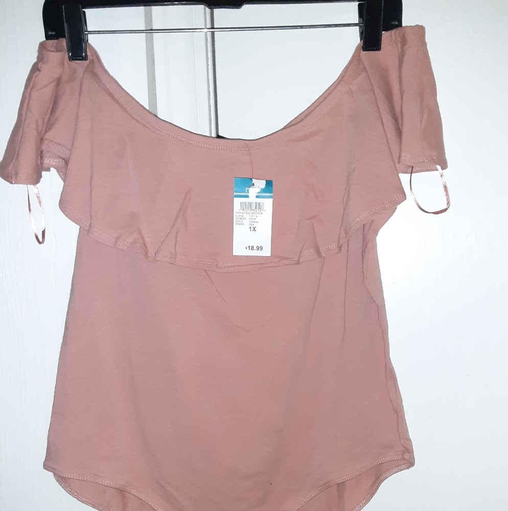 Blush off shoulder with ruffle bodysuit